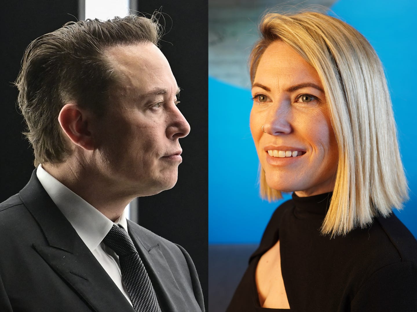 Zusammengesetzte Nahaufnahmen von Elon Musk und Esther Crawford