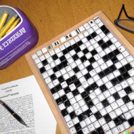 KI-Antwort auf die Eingabeaufforderung „Ein fotorealistischer Schnappschuss eines britischen kryptischen Kreuzworträtsel-Compilers an einem Schreibtisch mit den Dingen, die sie zum Erstellen von Kreuzworträtseln verwenden.“
