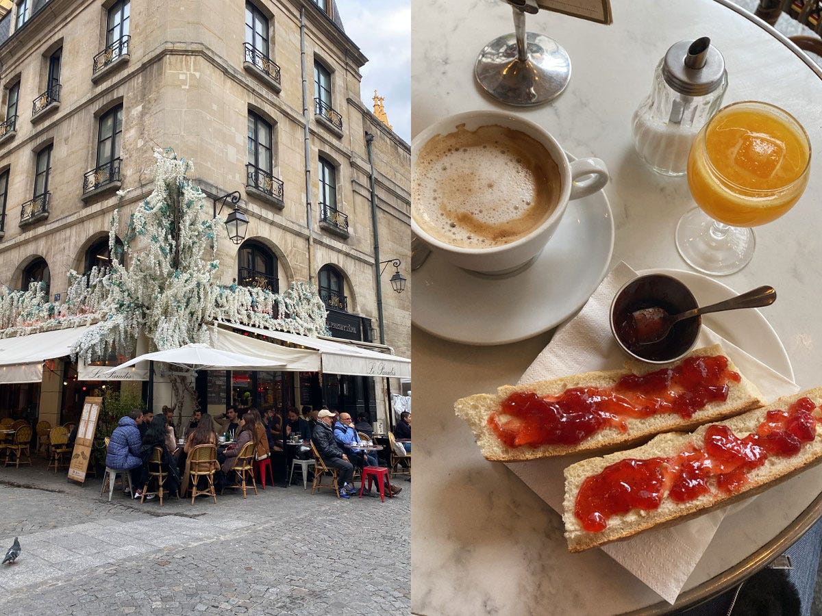 Links außerhalb des Pariser Cafés, rechts Brot mit Kaffee und Saft