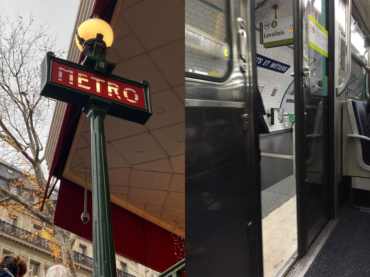 Pariser U-Bahn-Schild links, U-Bahn-Türen rechts