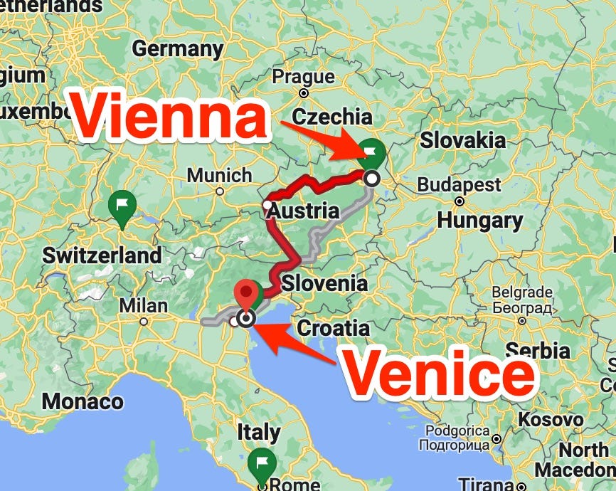 Zugstrecke von Wien nach Venedig