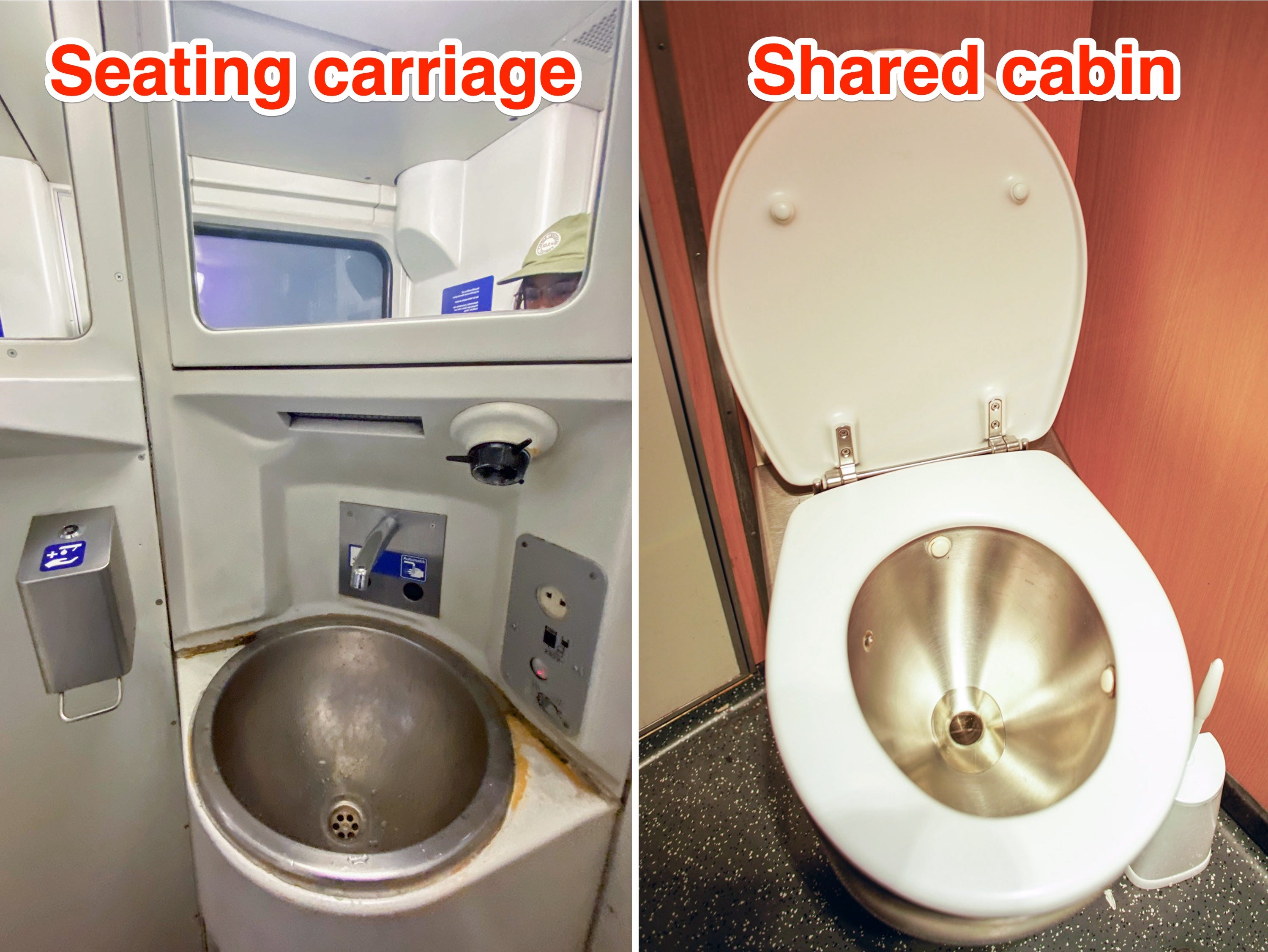 Badezimmer in den Sitzwagen (L) und in den Kabinenwagen (R).