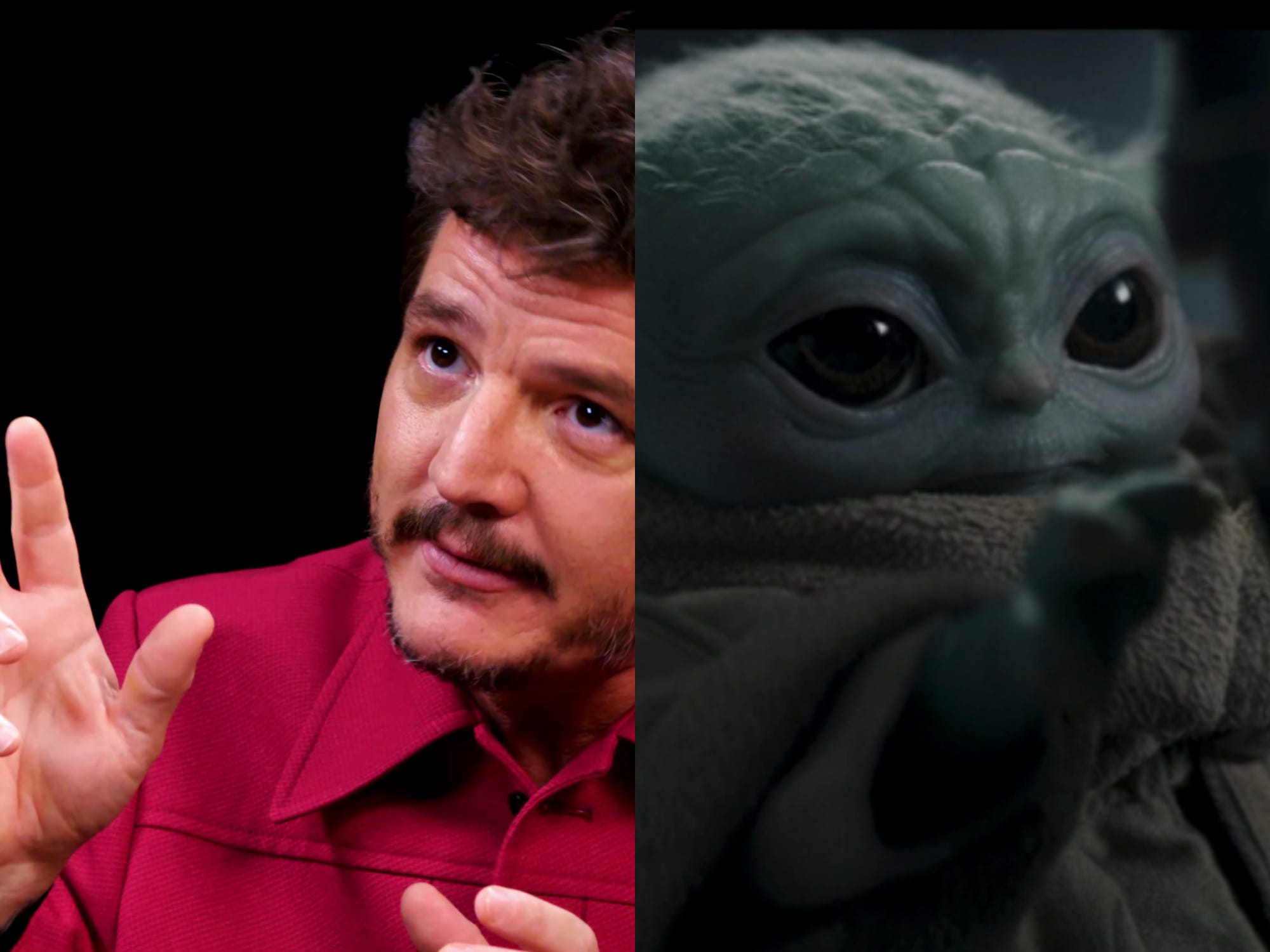 links: Pedro Pascal imitiert Baby Yoda mit einem besorgten Gesichtsausdruck und ausgestreckten Händen, die an Krallen erinnern;  rechts: baby yoda in ähnlicher pose, nach vorne greifend