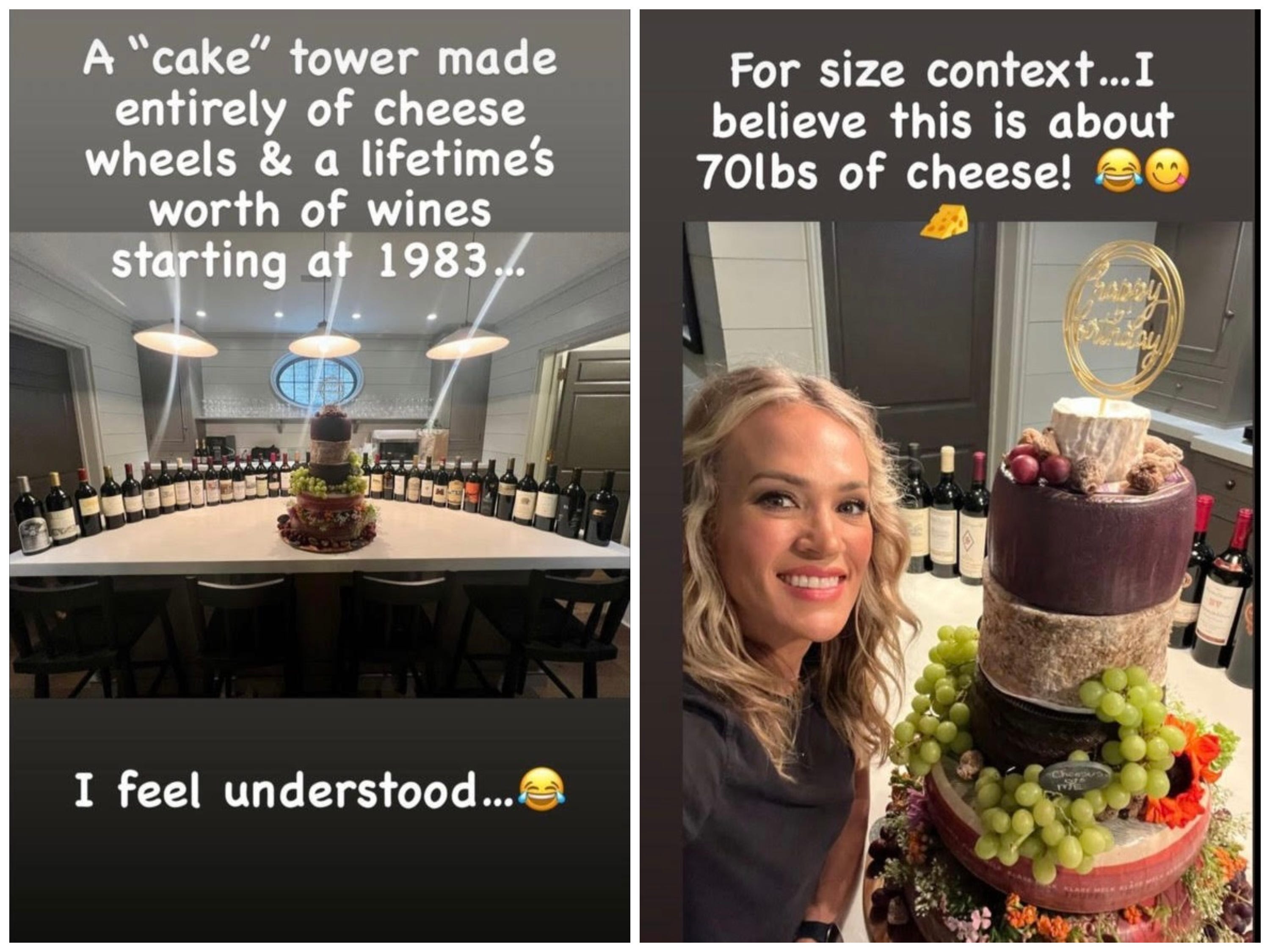Screenshots von Carrie Underwood und ihrem Käsekuchen aus ihren Instagram-Geschichten.