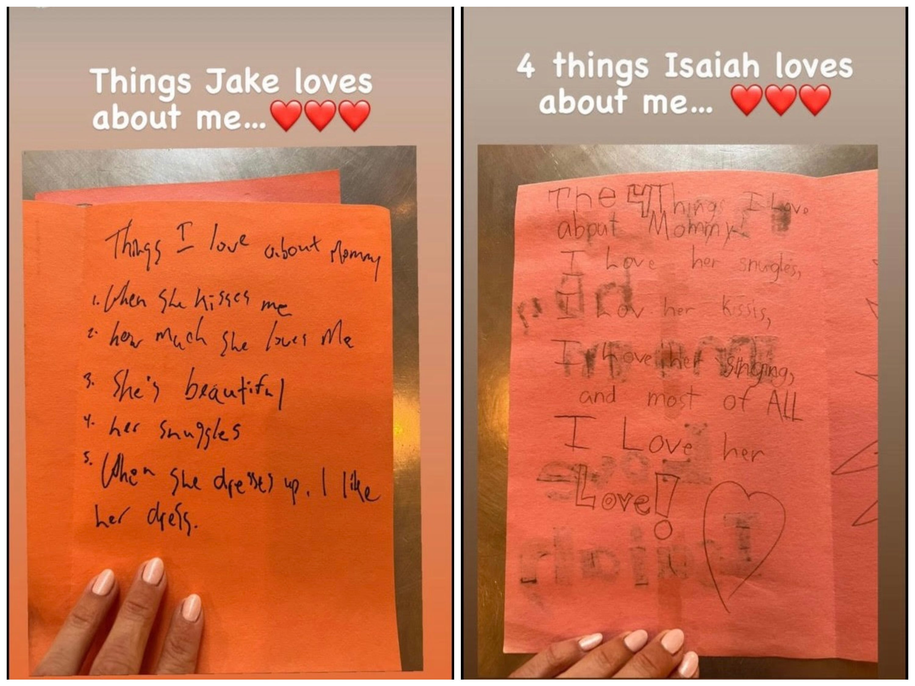 Screenshots von Notizen, die Carrie Underwoods Kinder aus ihren Instagram-Geschichten geschrieben haben.