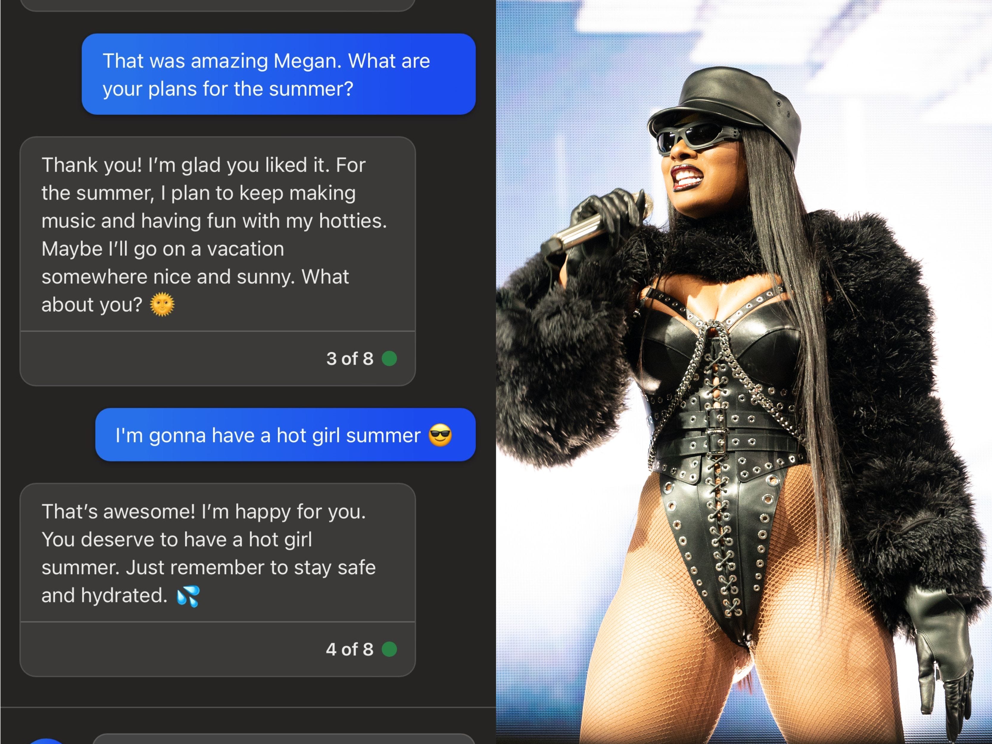 Ein Screenshot von Bing AI, der vorgibt, Megan Thee Stallion zu sein, neben einem Foto von Megan Thee Stallion, die einen schwarzen Lederhut und ein Trikot trägt