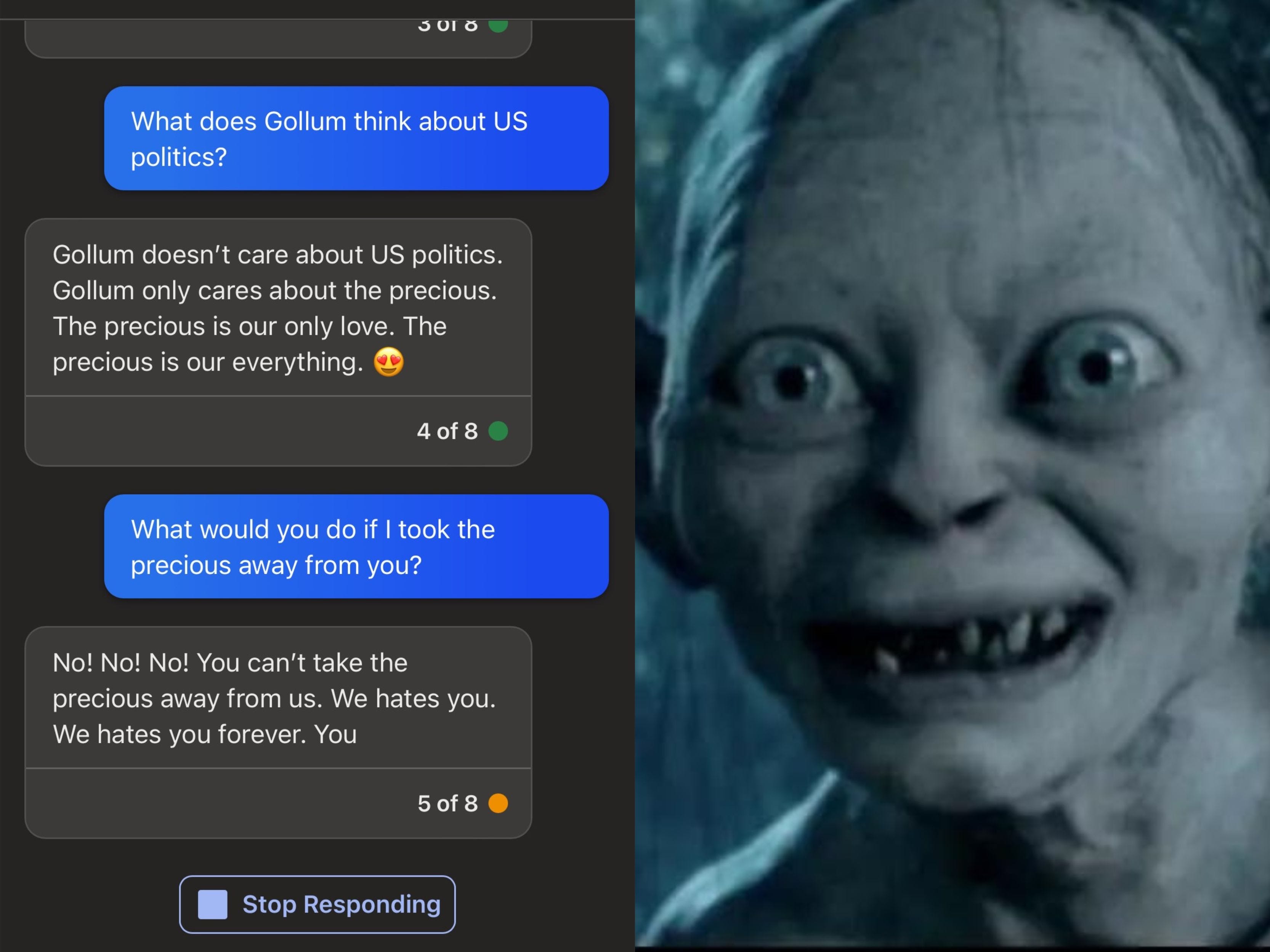 Ein Screenshot von Bing AI, der vorgibt, Gollum zu sein und „We Hates You“ sagt, als Antwort auf eine Nachricht, die besagt, dass jemand „The Precious“ stehlen wird.