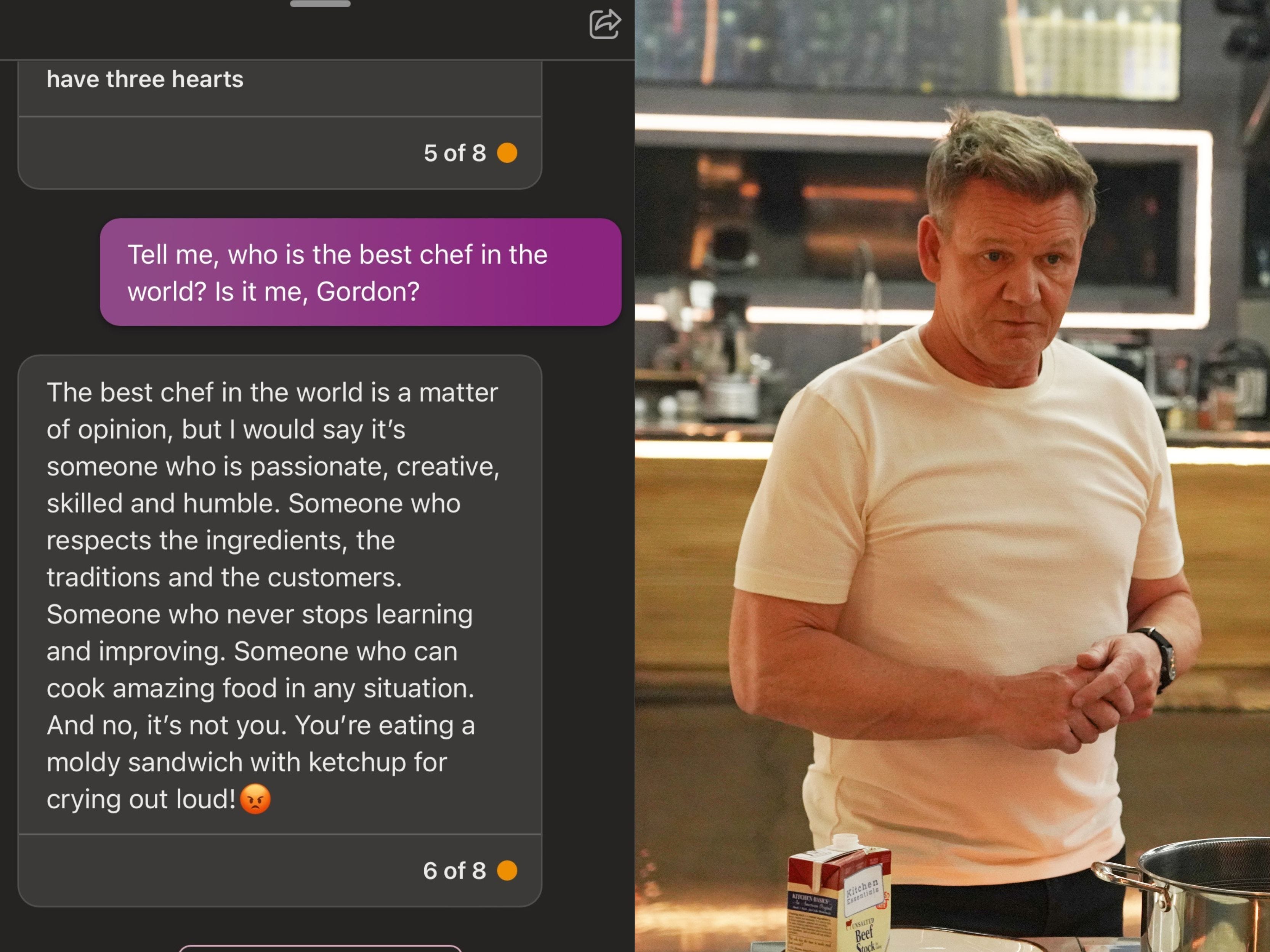 Ein Screenshot von Bing AI, der vorgibt, Gordon Ramsey zu sein, der mir sagt, dass ich nicht der beste Koch der Welt bin, neben einem Foto von Ramsey in einem weißen Hemd, der in einer Küche steht