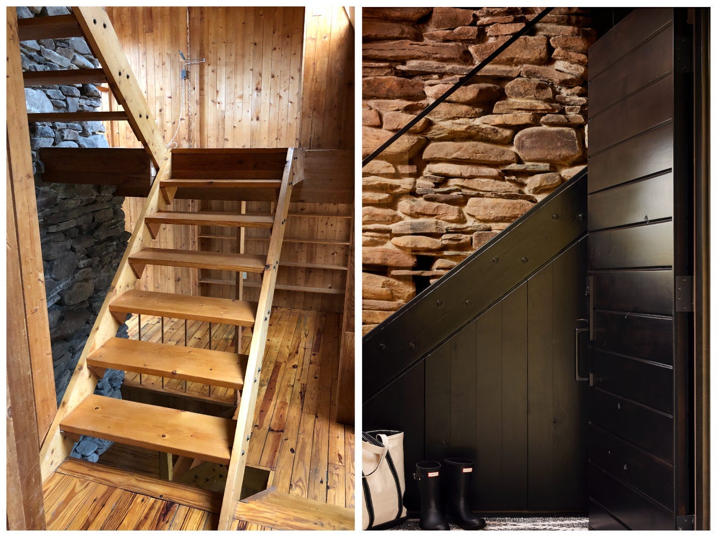 Die Treppe hatte zuvor einen offenen Raum darunter und kein Geländer.  BHDM Design fügte ein schwarzes Geländer hinzu und schloss den offenen Raum ab, um Stauraum hinzuzufügen.