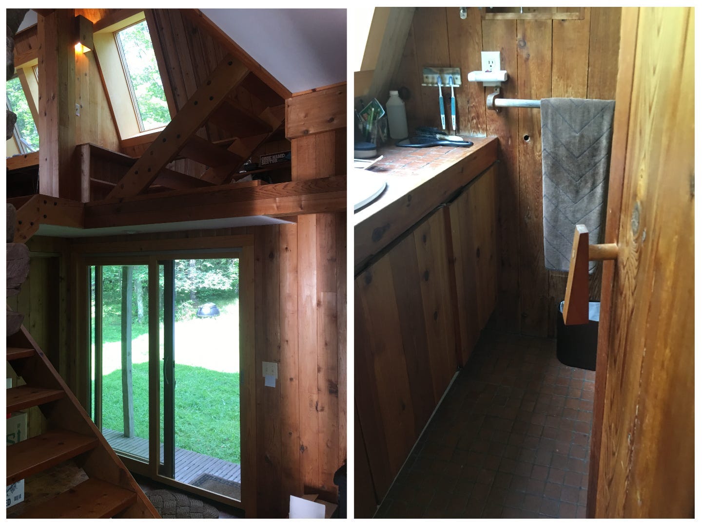 Links ein Bild der Kabine und der Oberlichter.  Links ein altes, schäbiges Badezimmer aus Holz.