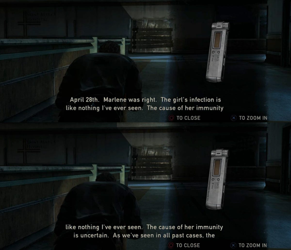 Im Spiel hört sich Joel die Aufzeichnung eines Chirurgen über Ellies Zustand an.