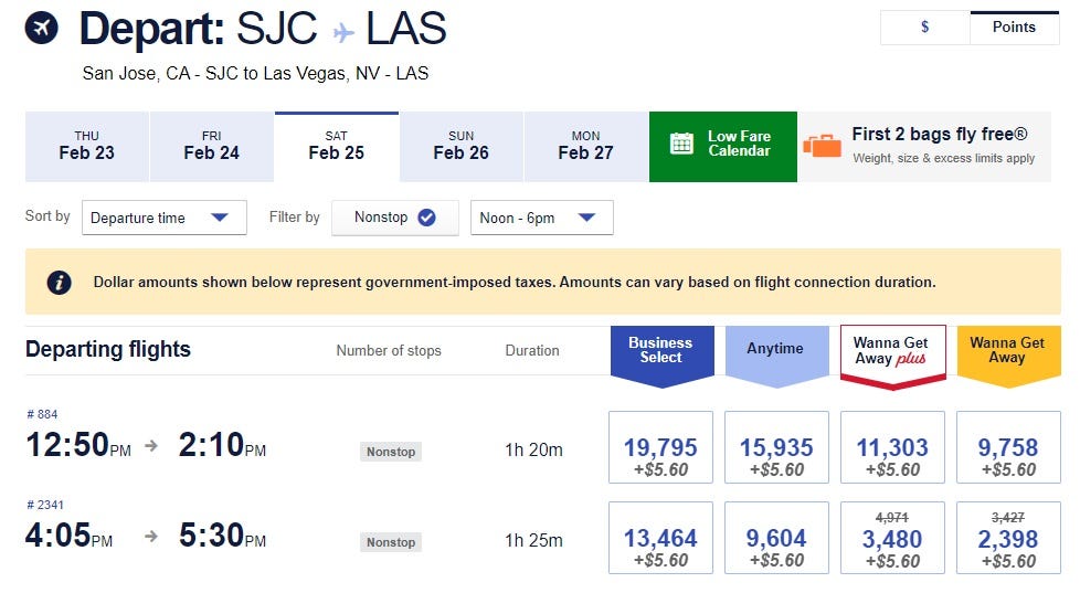 Screenshot der Prämienflugpreise auf Southwest zwischen San Jose und Las Vegas.