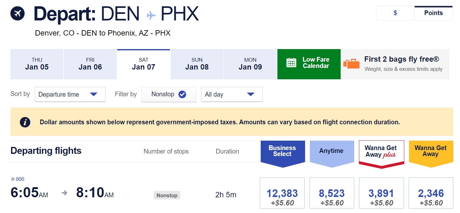 Screenshot der Punktepreise für einen Southwest-Prämienflug zwischen Denver und Phoenix.