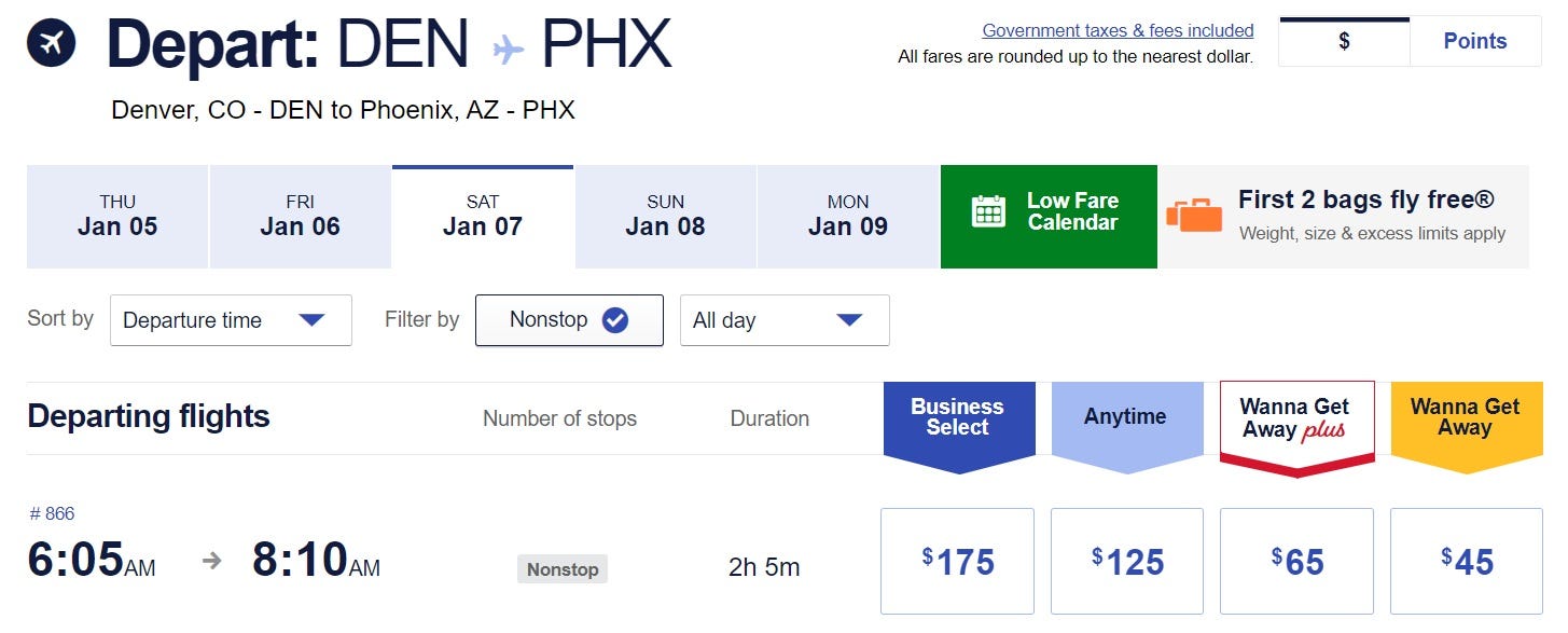 Screenshot der Barpreise für einen Southwest-Flug zwischen Denver und Phoenix.