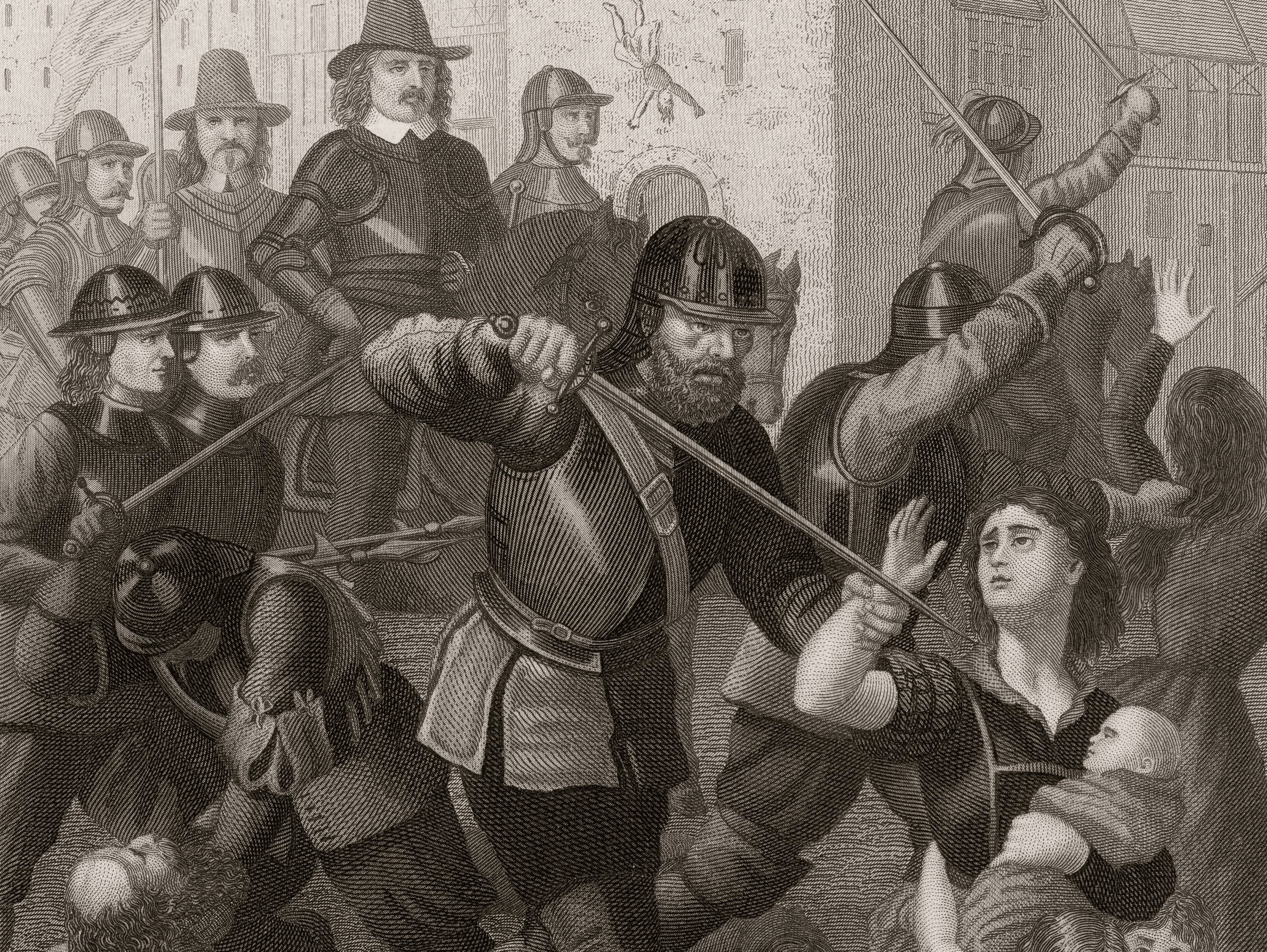 Oliver Cromwells Truppen massakrieren die Zivilbevölkerung der Stadt nach der Belagerung von Drogheda in der Grafschaft Louth im September 1649.