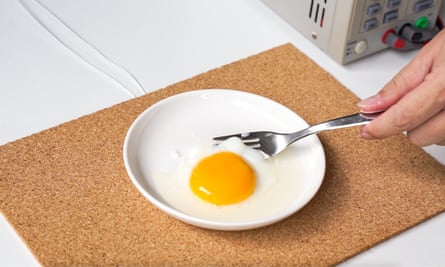 Ein Ei, das von einer intelligenten Platte gebraten wird.