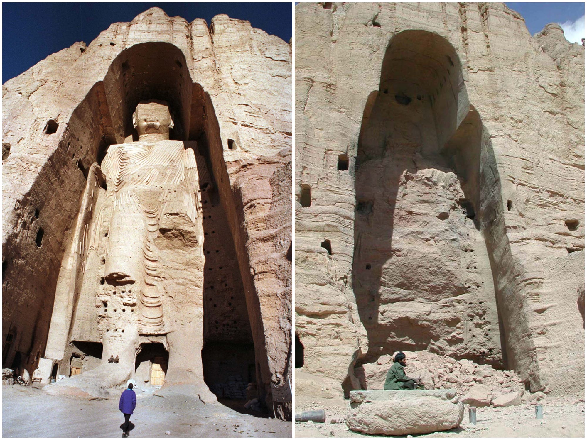 Die Bilder nebeneinander zeigen einen der Bamiyan-Buddhas – eine gewaltige Statue, die in eine Nische im Fels gehauen wurde – im Jahr 1997 und einen Blick auf einen von ihnen, einen unscheinbaren Felshaufen, der 2001 mitten im Abriss stand.