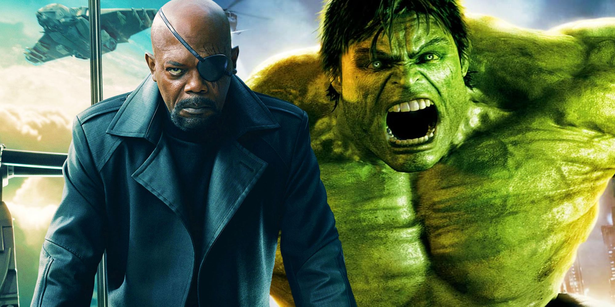 Hulk brüllt in „Der unglaubliche Hulk“ neben Nick Fury von seinem Charakterplakat für „Der Wintersoldat“ in die Kamera