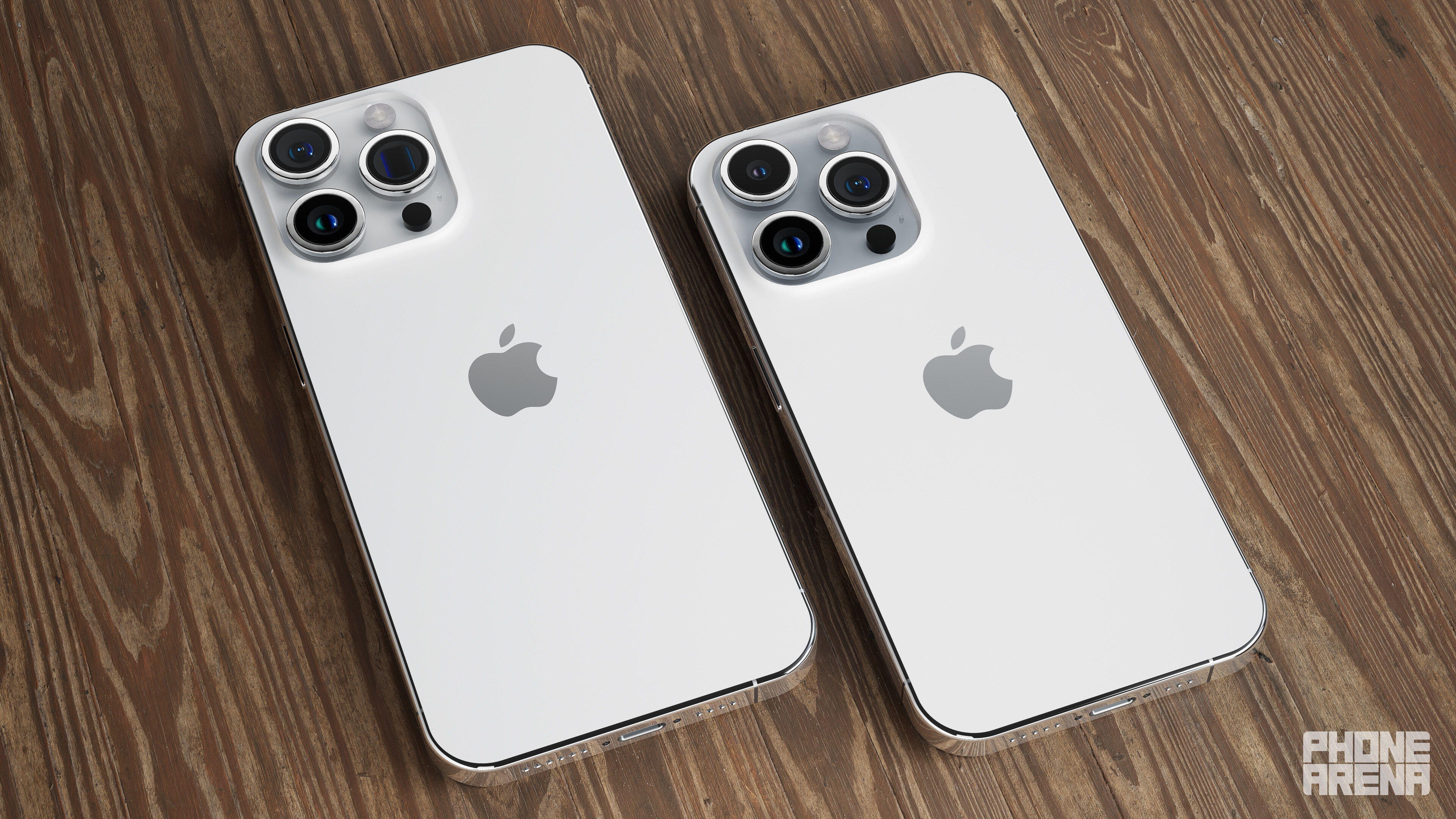 iPhone 15 Pro Max links und iPhone 15 Pro rechts.  Beachten Sie den Unterschied zwischen dem Objektiv am rechten Rand des Kamerabuckels.  - Hier sind alle erwarteten Designänderungen des iPhone 15 visualisiert