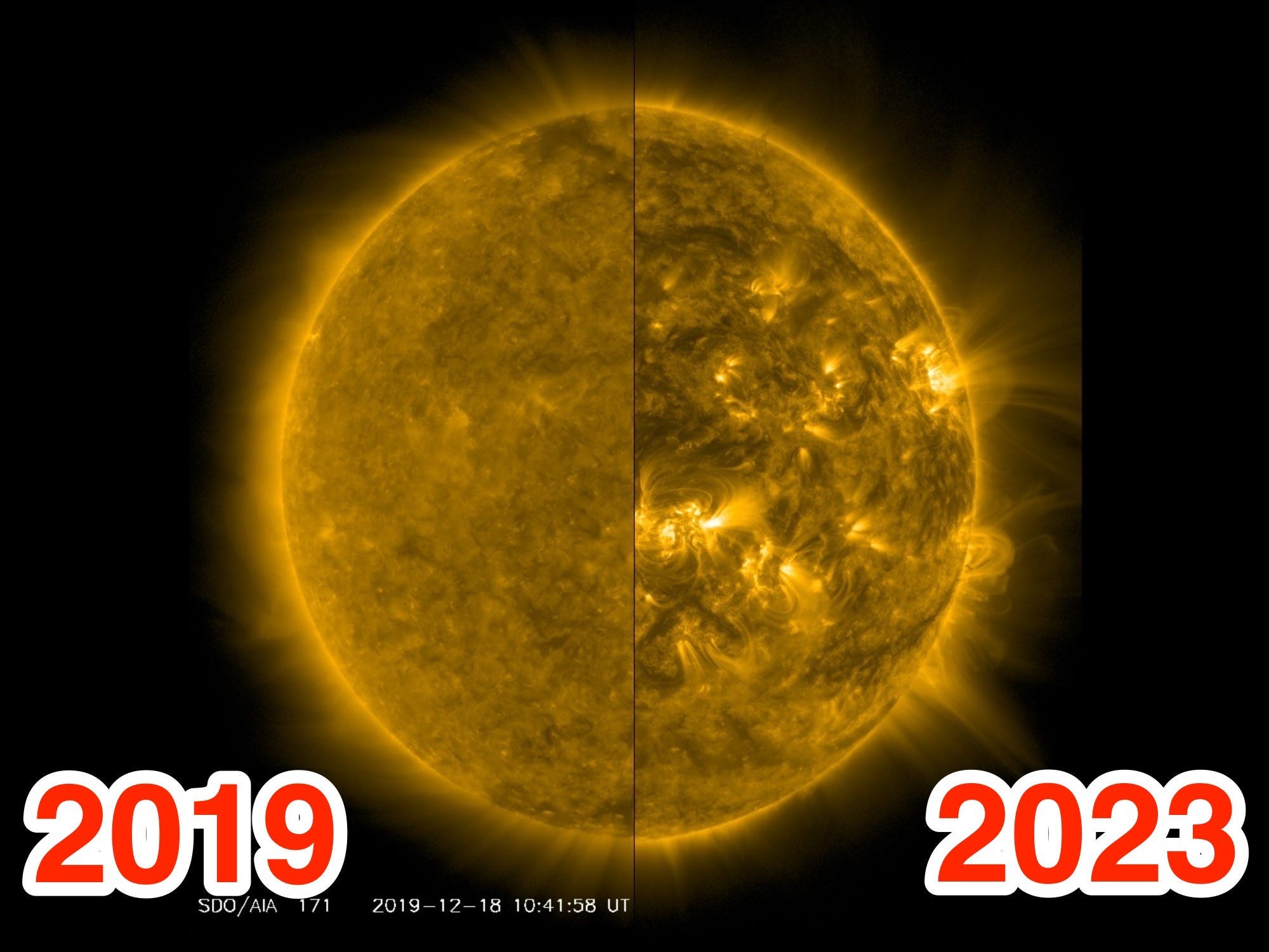Nebeneinander gestellte, kommentierte Bilder zeigen die Sonne in den Jahren 2019 und 2023. Vor 4 Jahren sah die Sonne viel ruhiger aus, jetzt platzt sie vor Eruptionen und Unruhen.