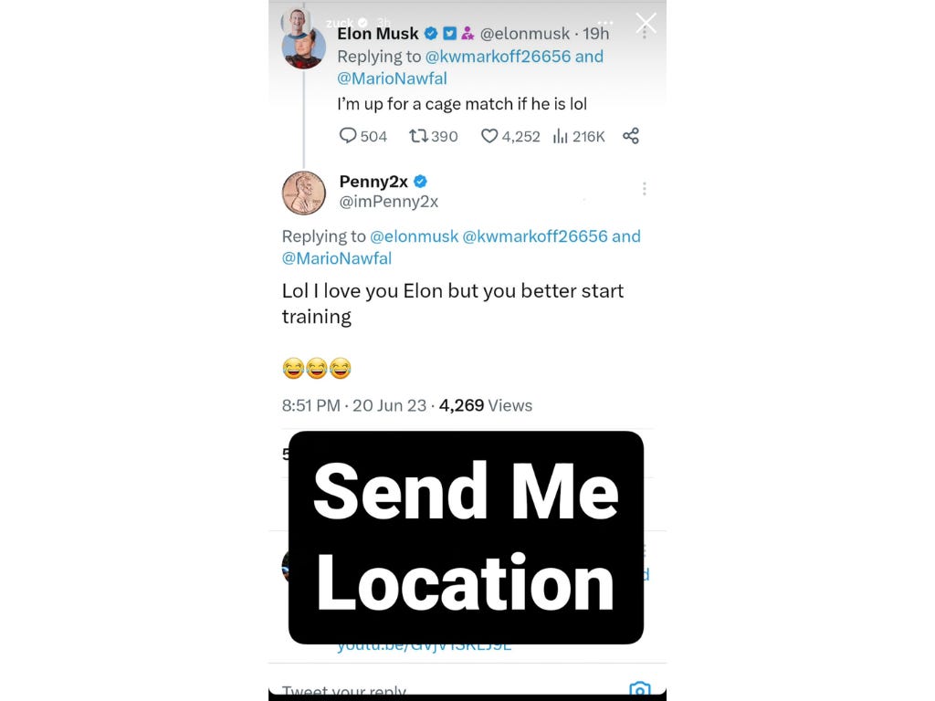 Ein Screenshot von Mark Zuckerbergs Instagram-Story mit den Worten „Send Me Location“ darauf.