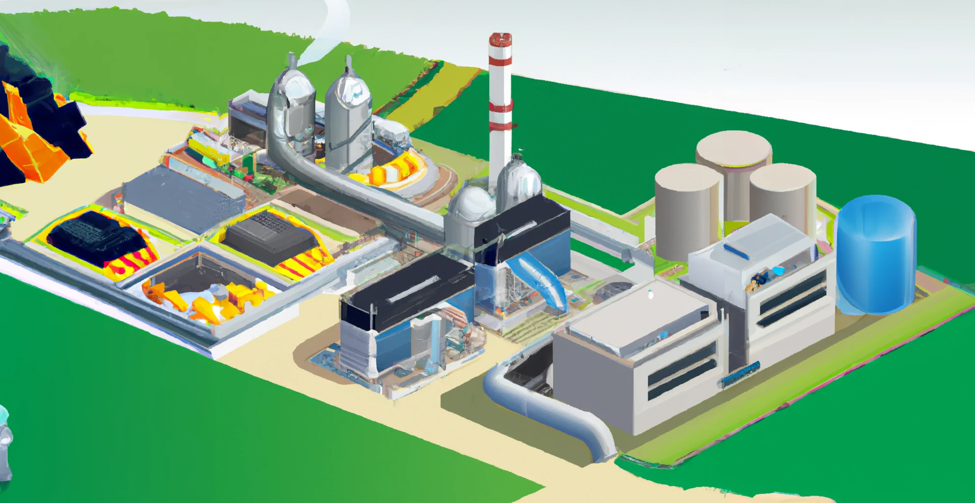 DALL·E erstellte ein Bild einer Industrieanlage mit grünem Wasserstoff neben einem Kohlekraftwerksplan und digitaler Kunst