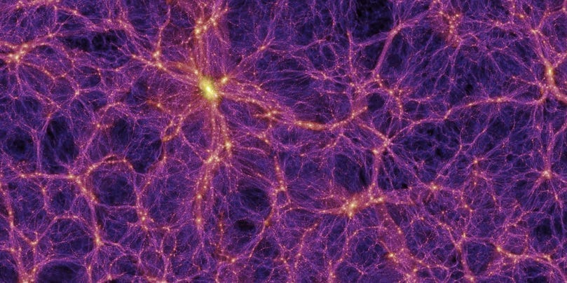 Die künstlerische Darstellung des kosmischen Netzes zeigt ein Netzwerk aus Filamenten in Lila.  Dichtere Bereiche werden gelb angezeigt.