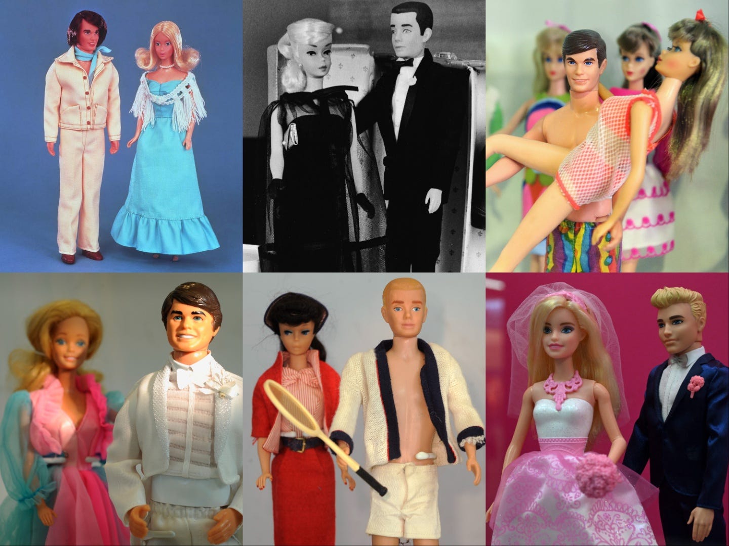 Sechs Fotos von Barbie- und Ken-Puppen aus verschiedenen Jahrzehnten