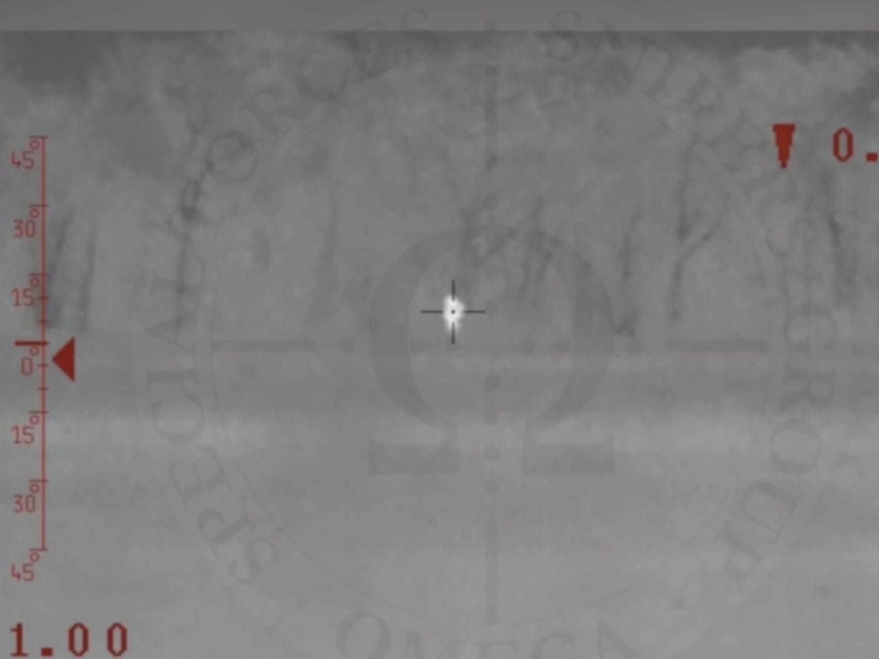 Ein Screenshot aus Graustufen-Wärmebildaufnahmen, die am 16. November von den Streitkräften der Ukraine geteilt wurden und angeblich einen Scharfschützen-Tötung zeigen sollen.  Eine sehr kleine weiße Figur erscheint in einem Fadenkreuz auf einem grau gesprenkelten Hintergrund.  .