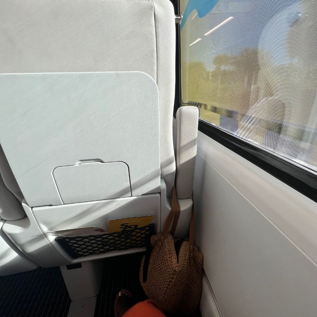 Rückseite des Zugsitzes mit ausklappbarem Tisch neben dem Fenster