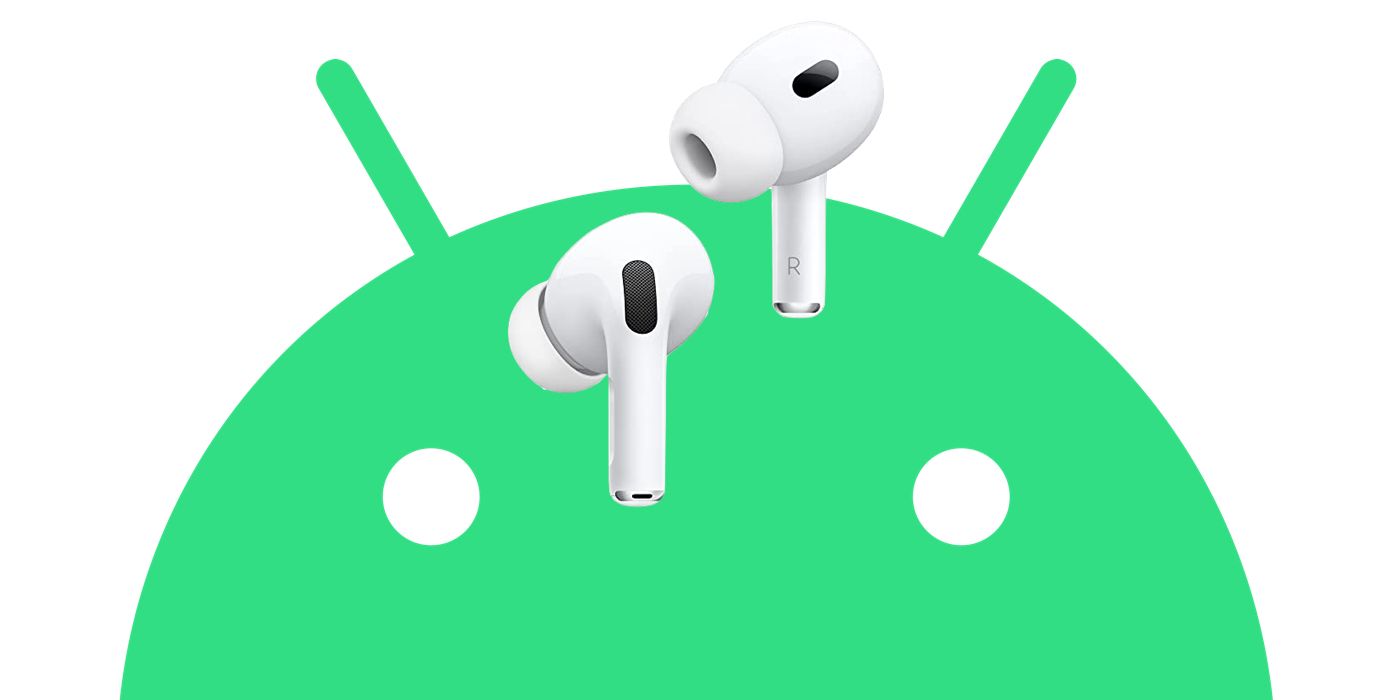 Das Android-Logo mit einem Paar AirPods 2 Pro-Ohrhörern oben