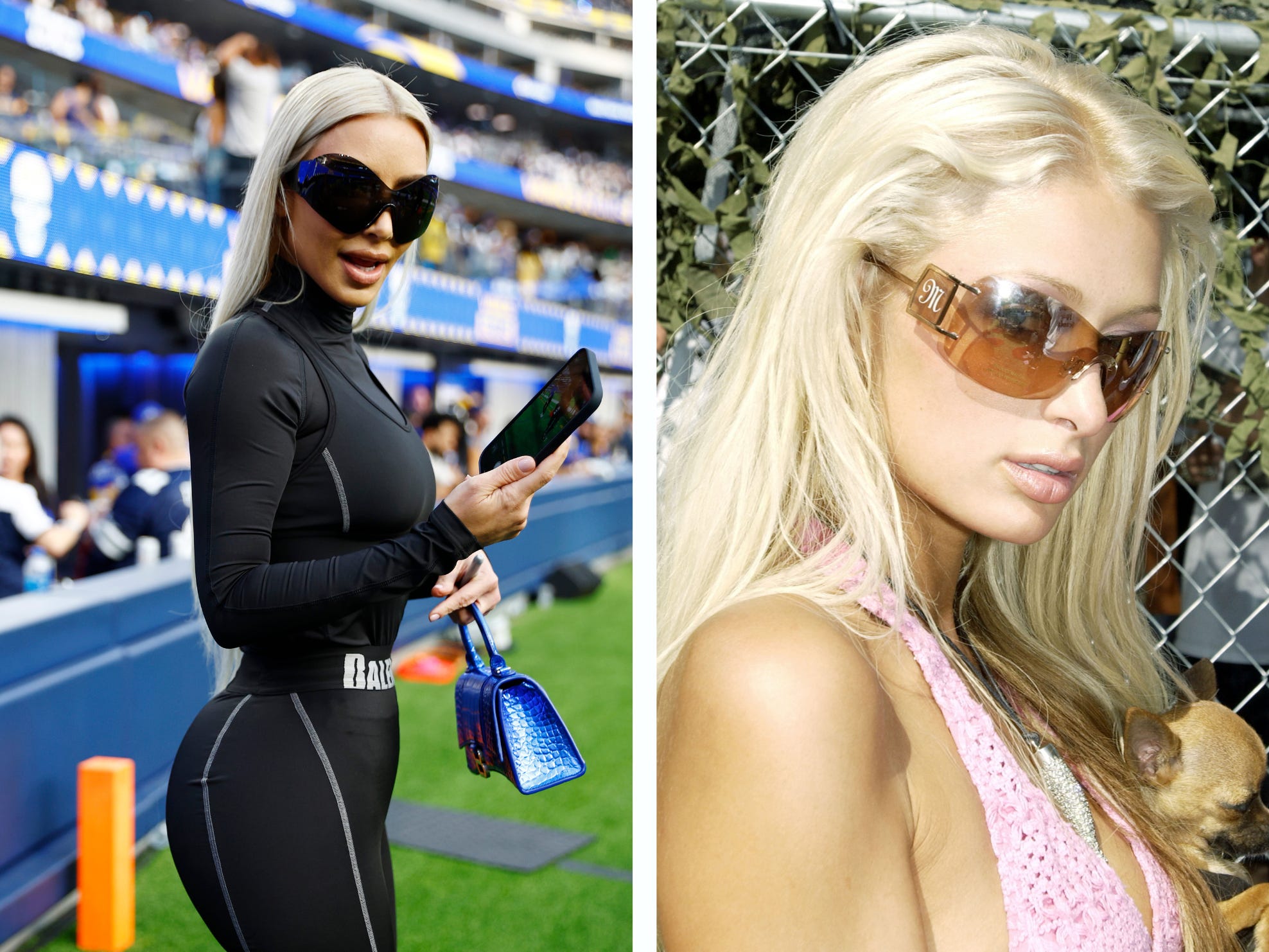 Kim Kardashian trägt beim Spiel zwischen den Dallas Cowboys und den Los Angeles Rams im SoFi Stadium im Oktober 2022 eine übergroße, umlaufende Sonnenbrille, während Paris Hilton im Mai 2003 eine übergroße, umlaufende Sonnenbrille trägt.