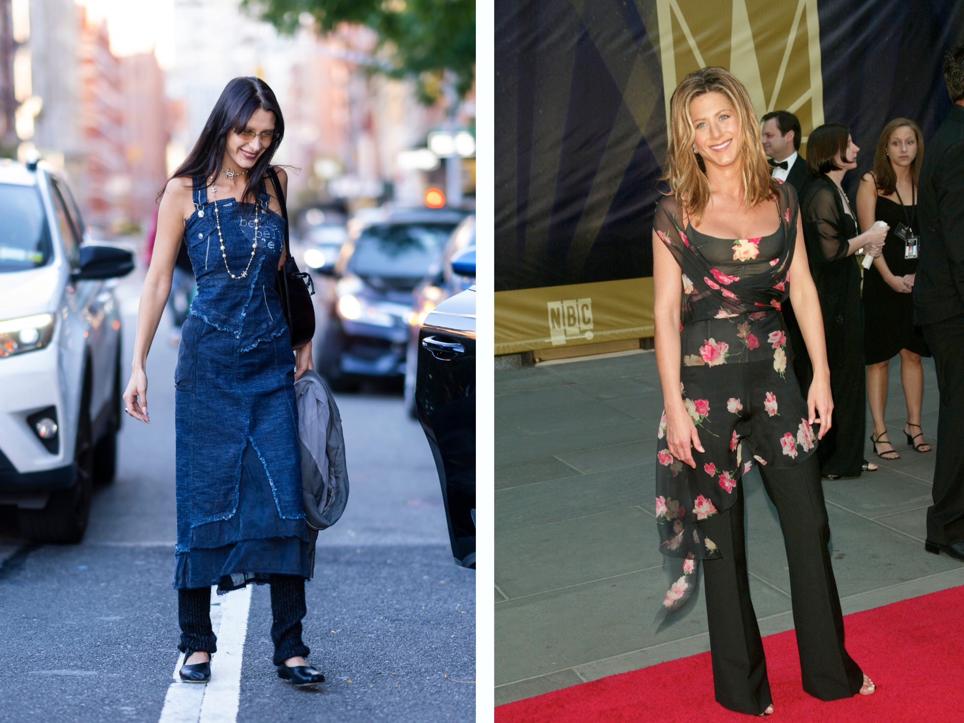 Bella Hadid trägt im Oktober 2022 ein Jeanskleid über einer schwarzen Hose, Jennifer Aniston trägt im Mai 2002 ein Rosenkleid über einer schwarzen Hose.