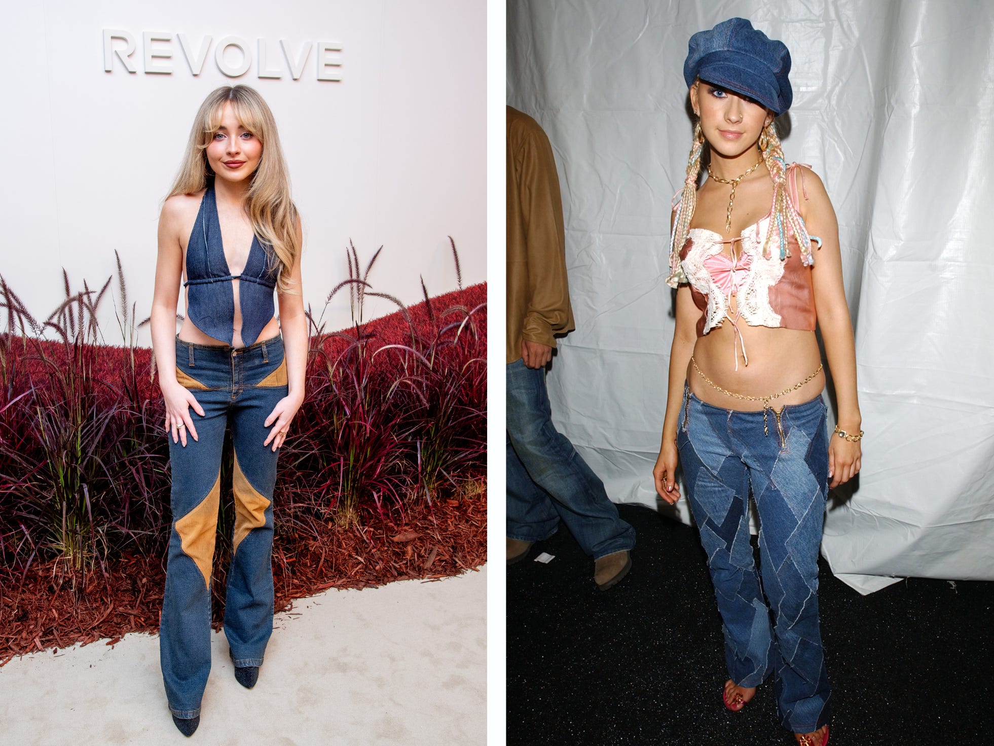 Sabrina Carpenter trägt im September 2022 Denim on Denim und Patchwork-Jeans, während Christina Aguilera im September 2001 Patchwork-Denim-Jeans und eine Baker-Boy-Mütze trägt.
