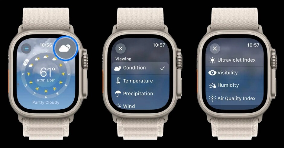 Um eine bestimmte Wettermetrik anzuzeigen, tippen Sie auf das Wolkensymbol in der oberen rechten Ecke – die aktualisierte Apple Watch Weather-App für watchOS 10 ist informativer