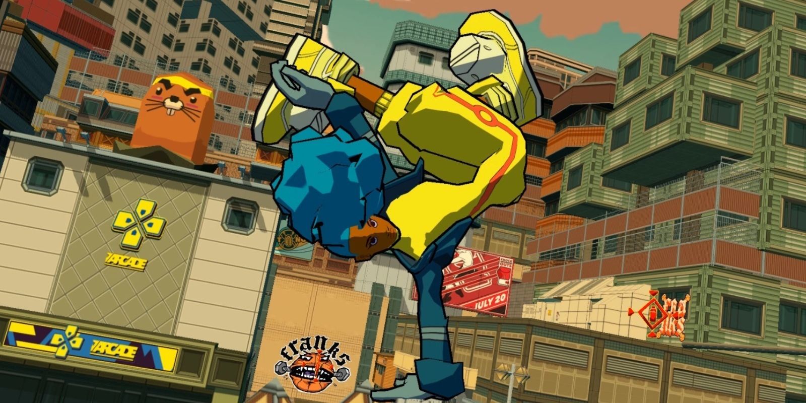 Bomb Rush Cyberfunk-Charakter macht einen Kick-Dance-Move