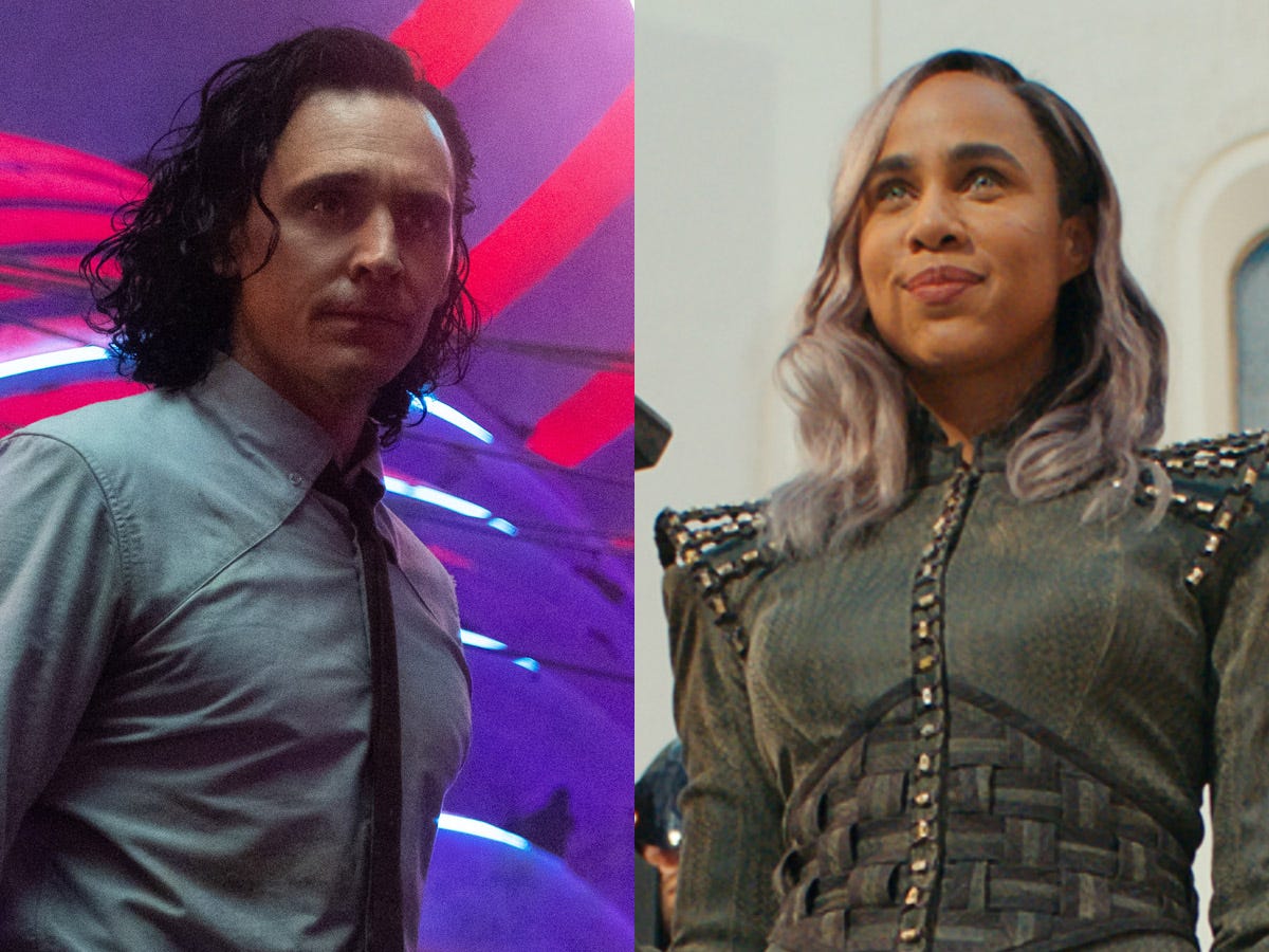 Links: Tom Hiddleston als Loki in der ersten Staffel von „Loki“.  Rechts: Zawe Ashton als Dar-Benn in „The Marvels“.