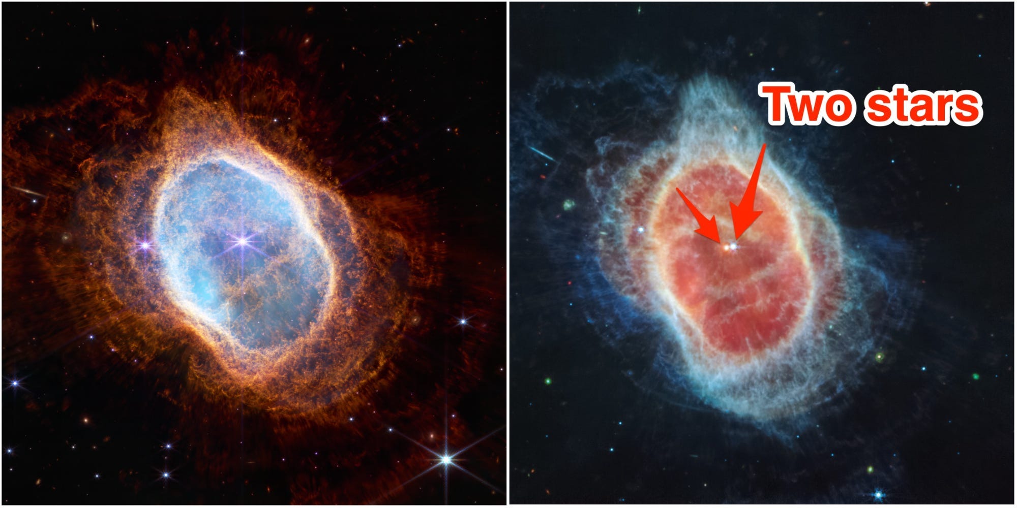 Eine Collage aus Bildern des James-Webb-Weltraumteleskops zeigt die NIRCam- und MIRI-Cam-Bilder nebeneinander.  Anmerkungen deuten auf die beiden Sterne im Nebel hin.