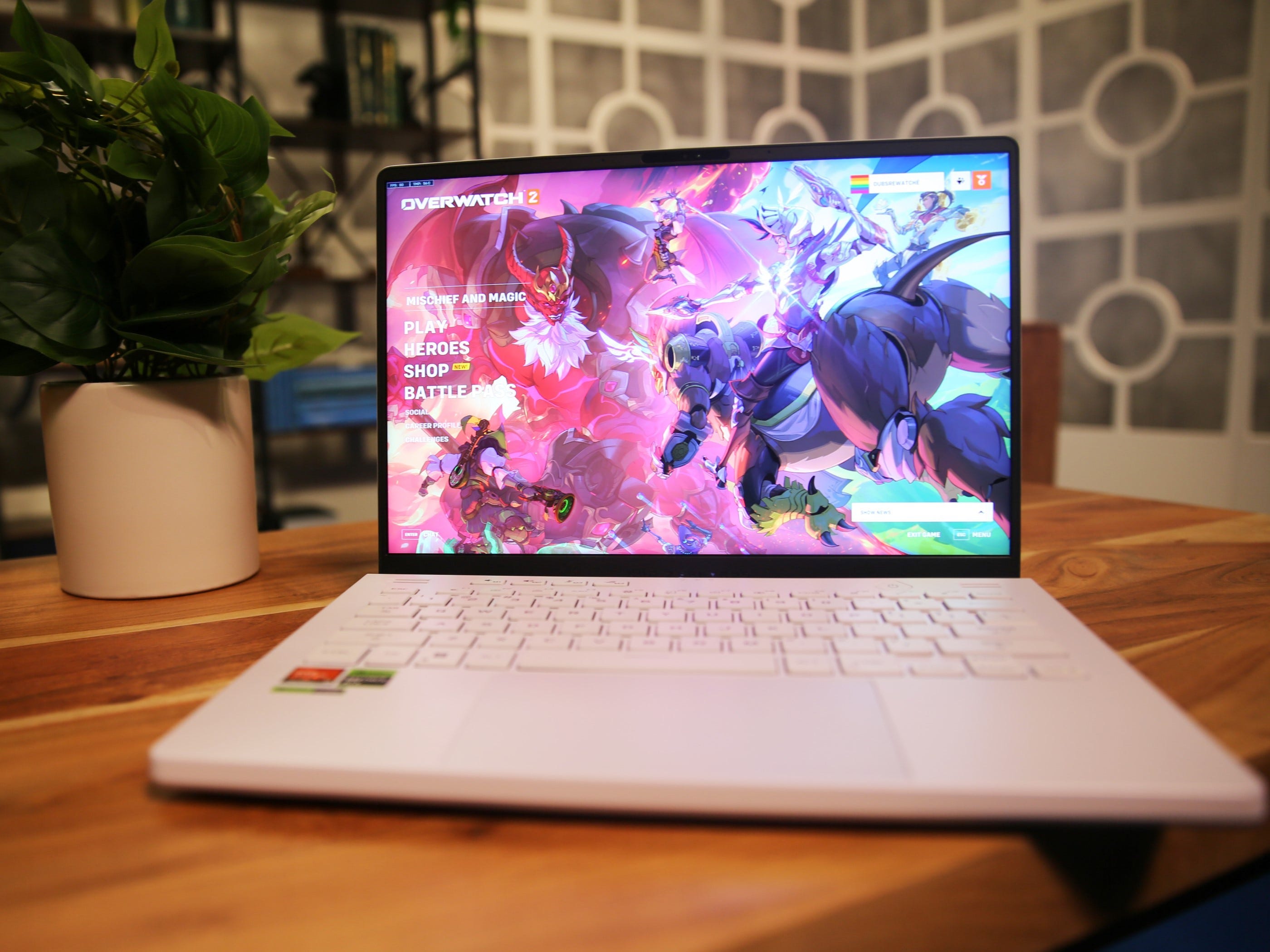 Ein Asus ROG Zephyrus G14 Laptop, der den Startbildschirm des Spiels Overwatch 2 anzeigt, sitzt auf einem Tisch neben einer Pflanze.