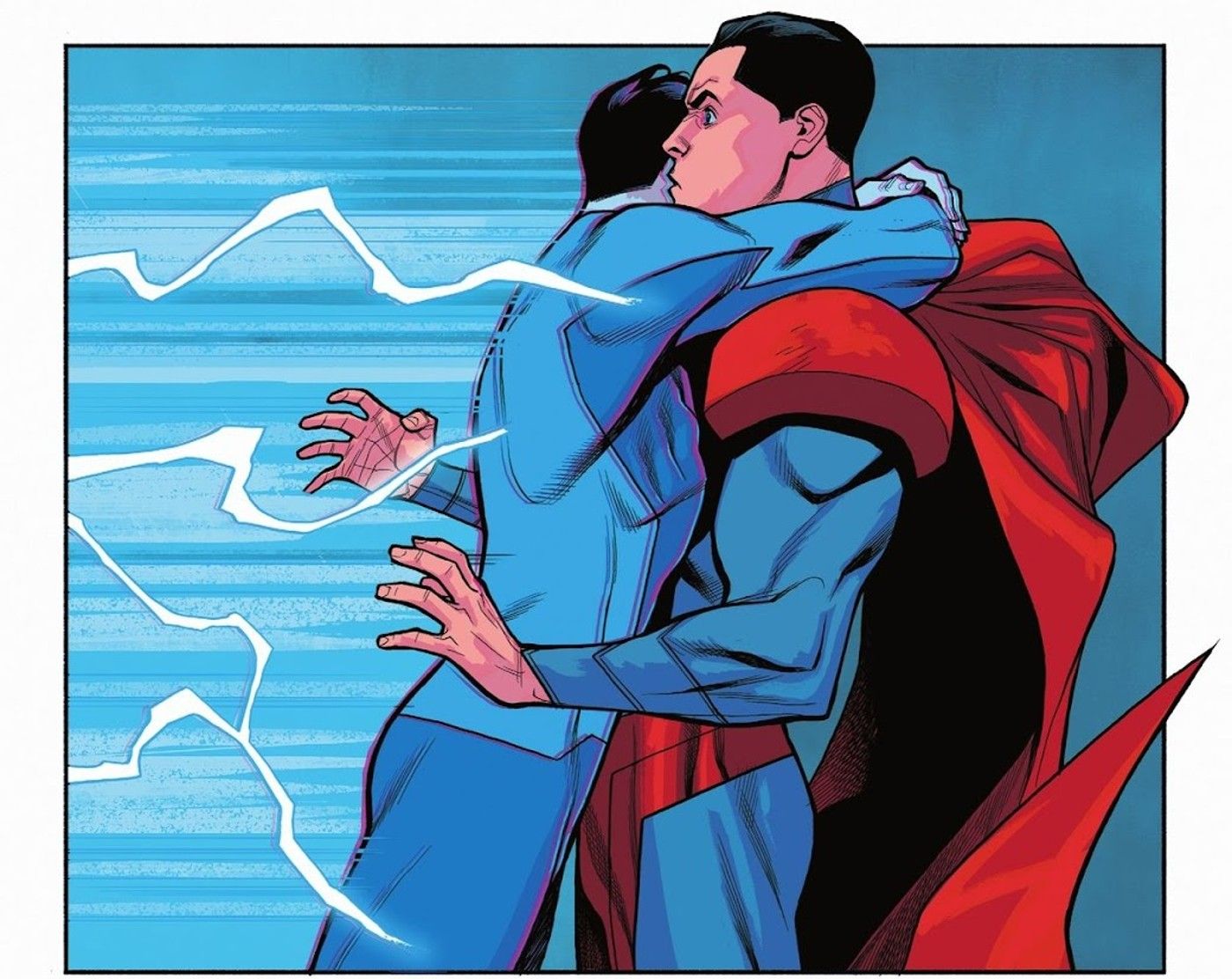 Superman Jon Kent im elektrisierenden blauen Anzug umarmt Injustice Superman