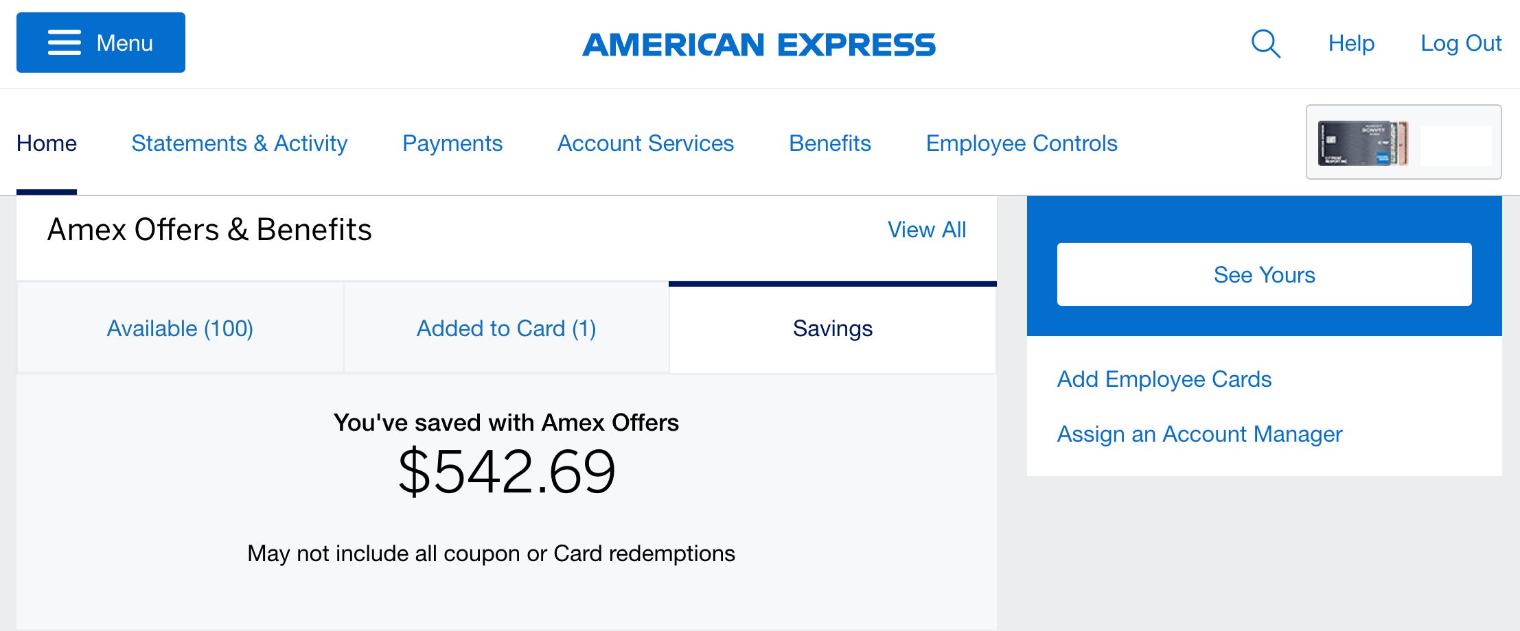 Screenshot mit 542,69 $ in Amex. Bietet Ersparnisse auf einem Marriott Bonvoy Business-Kreditkartenkonto.