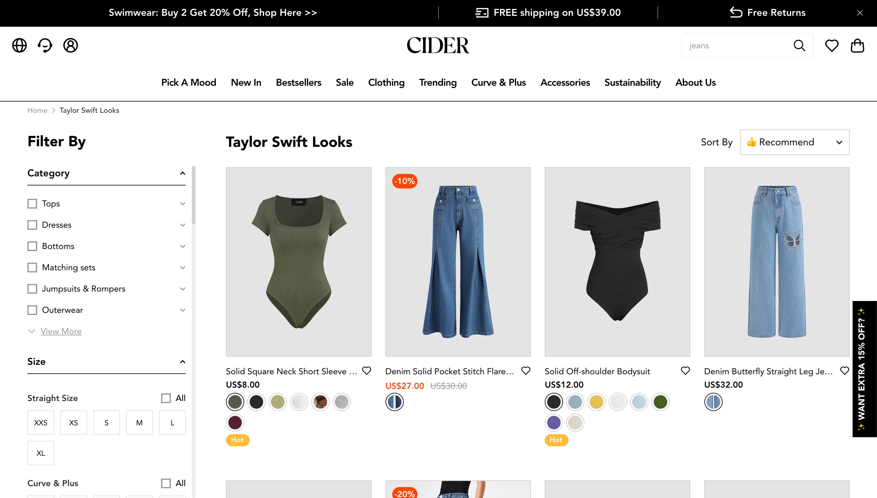 Die Cider-Website wirbt für von Taylor Swift inspirierte Kleidung.