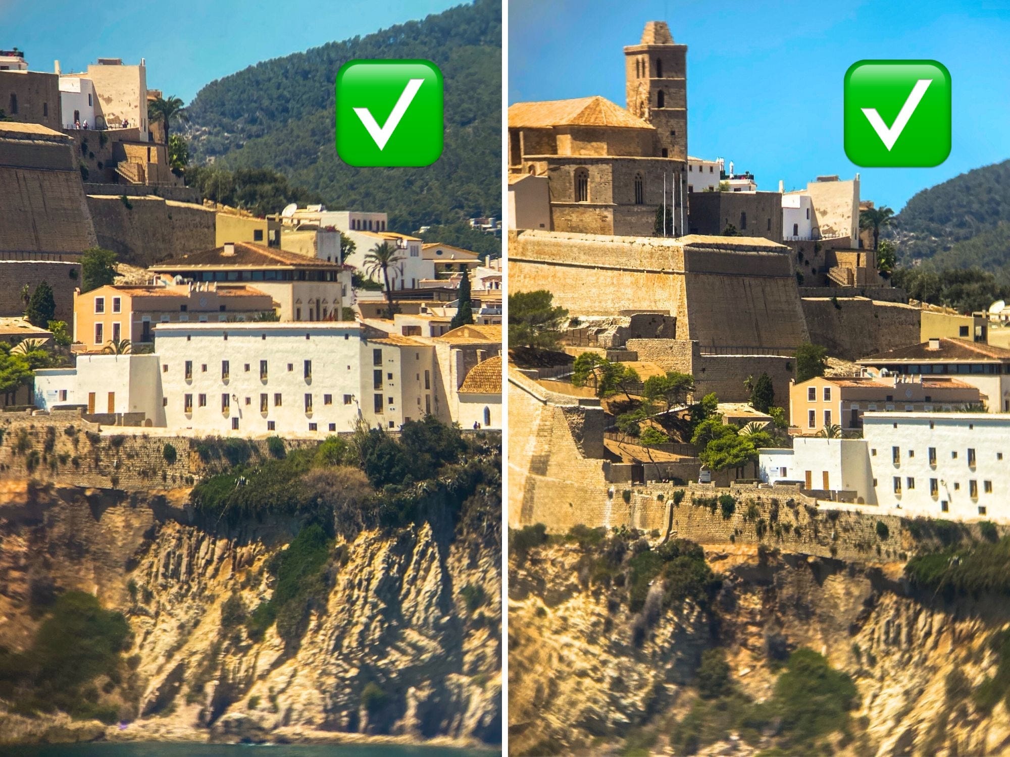 Zwei Bilder von beigen Gebäuden auf einer felsigen Klippe mit blauem Himmel im Hintergrund.  In der oberen rechten Ecke beider Bilder befindet sich ein grünes Häkchen-Emoji