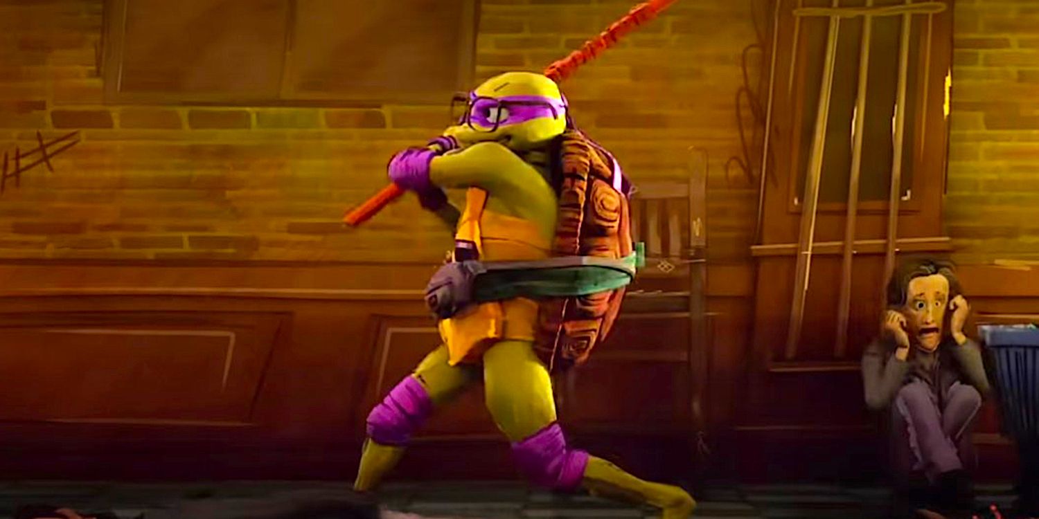 Donatello schwingt seine Stabwaffe in „Teenage Mutant Ninja Turtles Mutant Mayhem“.