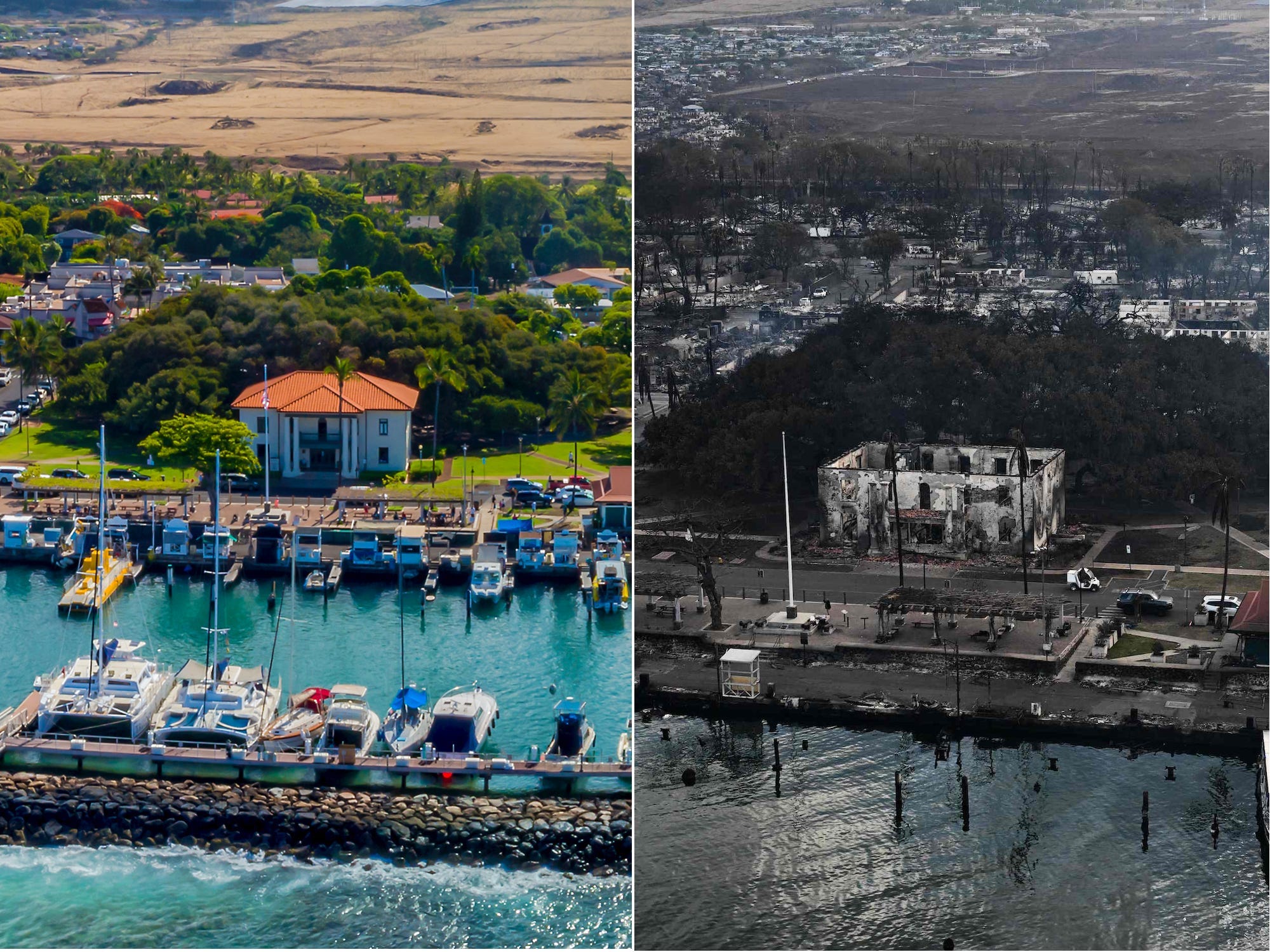 Ein Nebeneinanderbild zeigt Luftaufnahmen von Lahaina auf der Insel Maui, bevor und nachdem ein Waldbrand das alte Gerichtsgebäude zerstörte und den riesigen Banyanbaum beschädigte