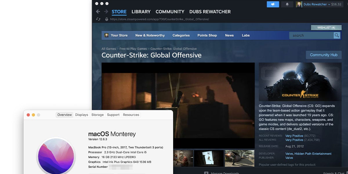 Die Steam-Store-Seite für Counter-Strike: Global Offensive wurde auf einem MacBook geöffnet, zusammen mit dem MacBook-Menü „Über diesen Mac“.