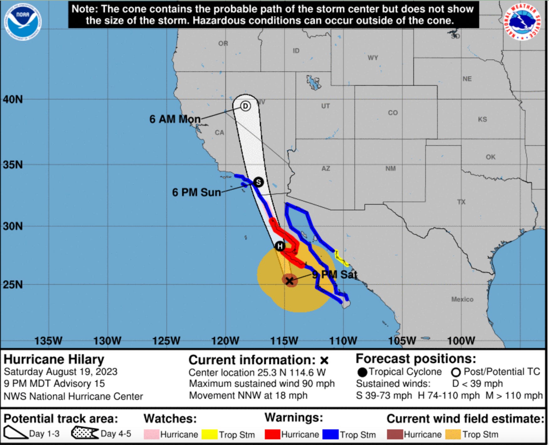 Eine Karte von Südkalifornien und Baja California, die das Auge des Sturms zeigt.  Das Auge des Sturms wird voraussichtlich am Sonntag um 12 Uhr pazifischer Zeit Nord-Baja California erreichen und durch Südkalifornien wandern