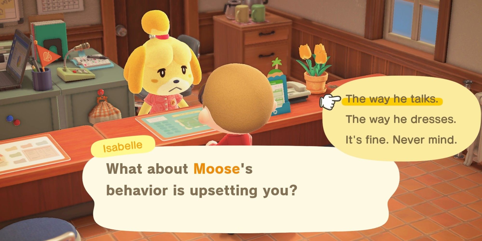 Ein Spieler reicht bei Isabelle bei Resident Services in Animal Crossing: New Horizons eine Beschwerde über Moose ein.