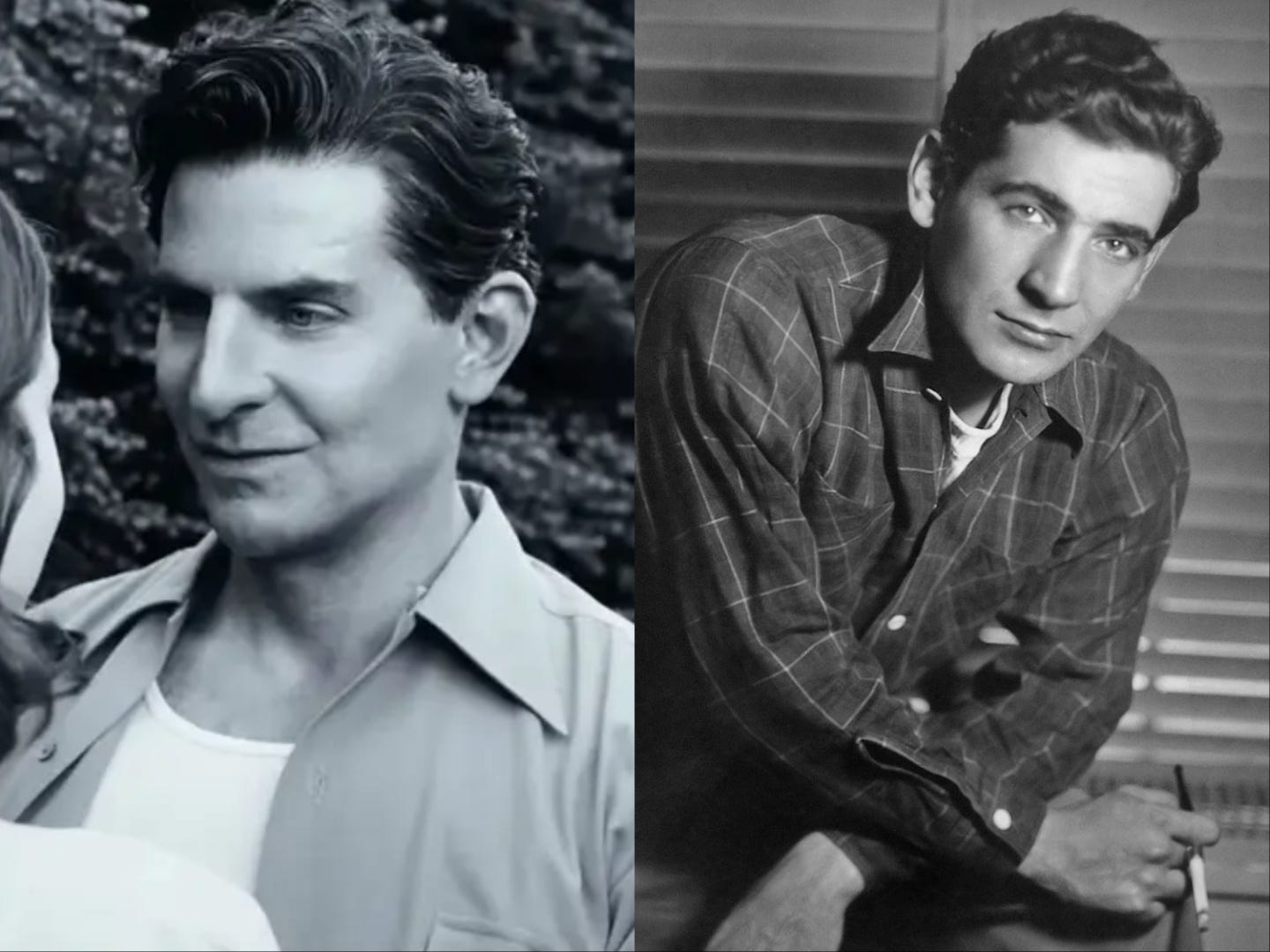 Bradley Cooper als Leonard Bernstein in „Maestro“ und ein Porträt von Bernstein um 1945.