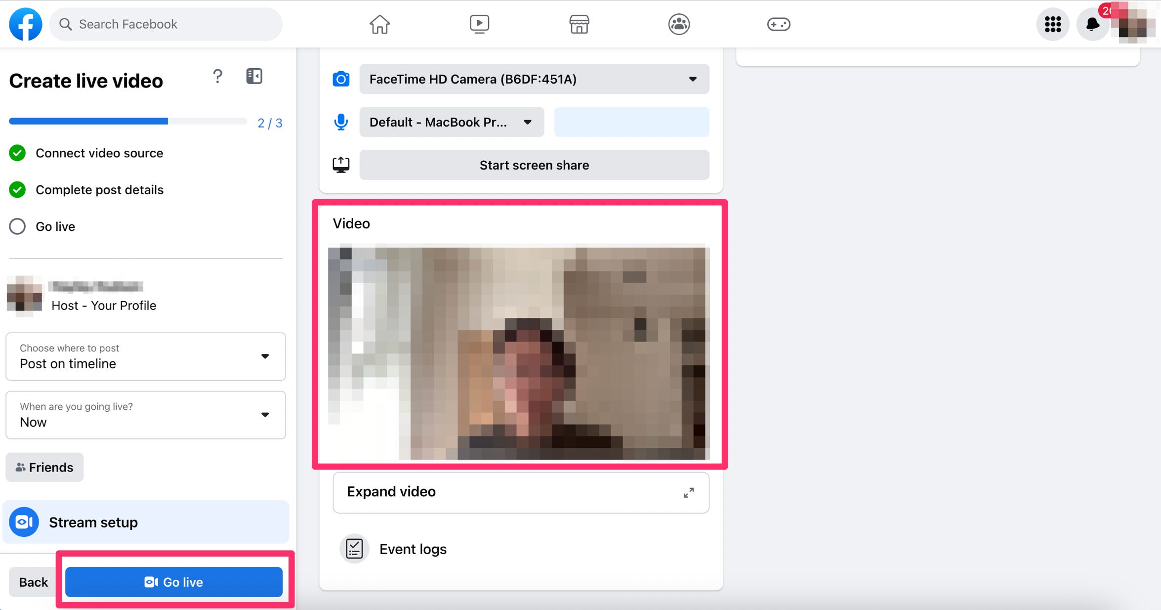 Screenshot des Facebook-Desktops zeigt die Videovorschau für Facebook Live und die Position der blauen Schaltfläche „Live gehen“.